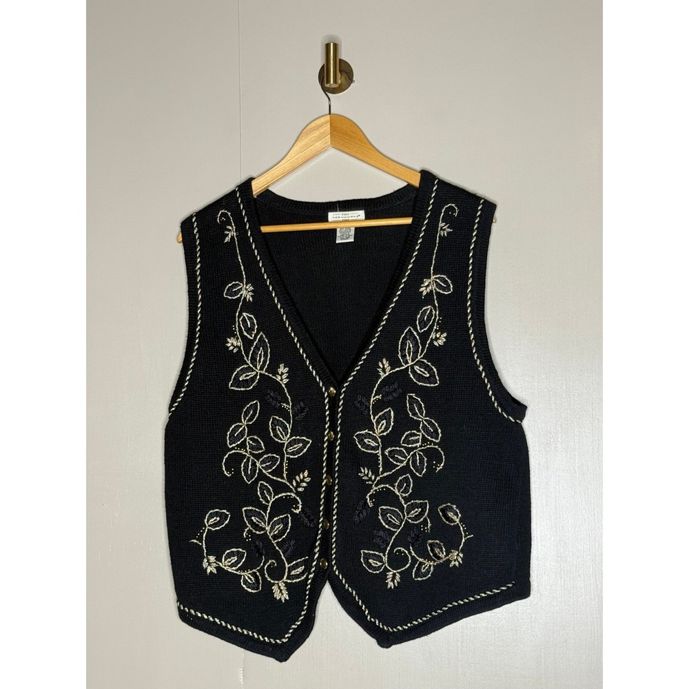 Yarnworks Vintage Black Gold Floral Embroidered Sweater Vest‎ XL Ramie Cotton